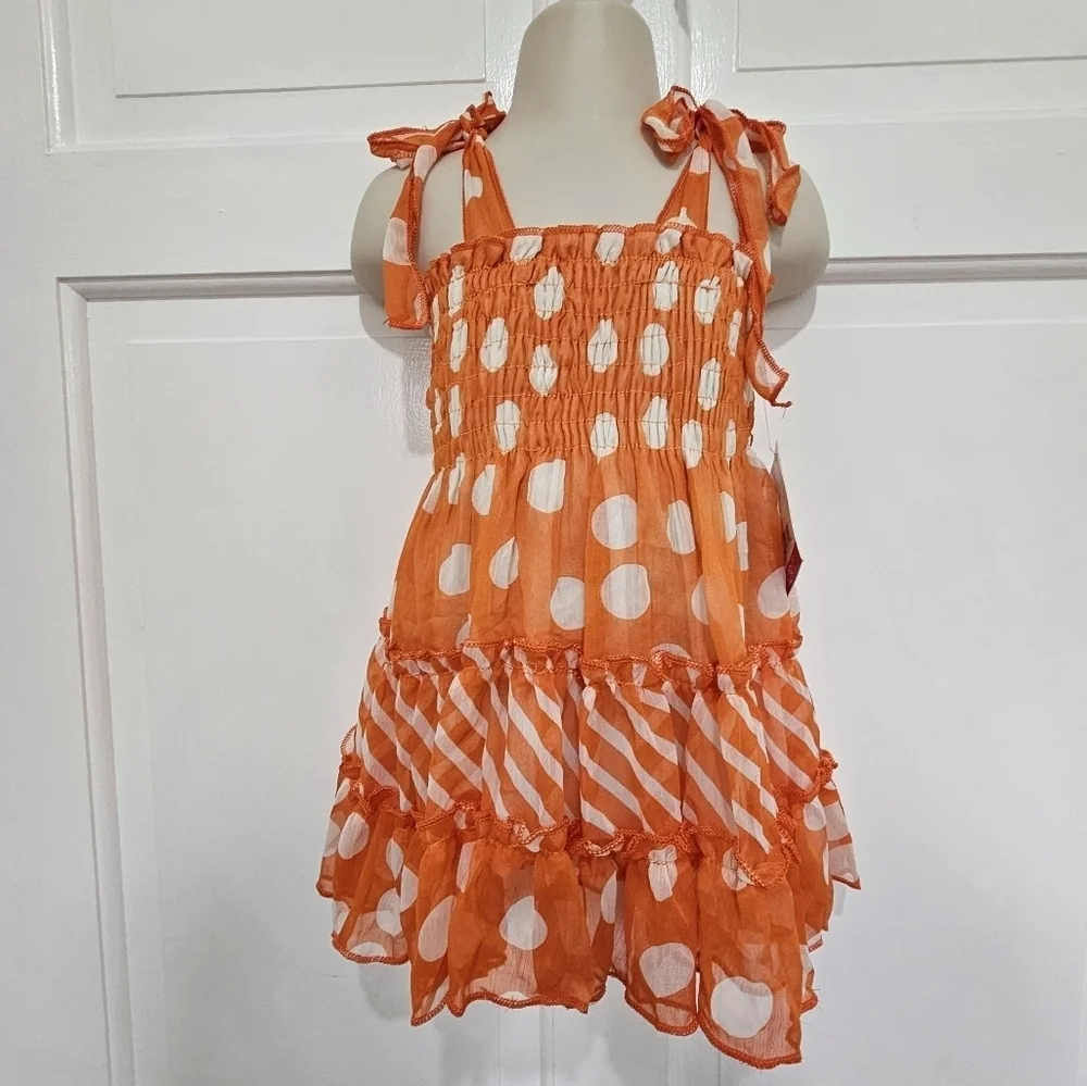Lele For Kids Orange Polka Dot & Stripe Ruffled Summer Dress